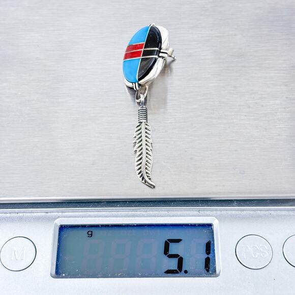 JJ Signed Sterling Silver 925 Single Earring | Southwest Turquoise Coral Onyx - Picture 8 of 8